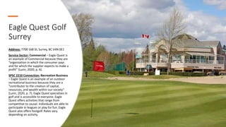 Eagle Quest Golf
Surrey
Address: 7700 168 St, Surrey, BC V4N 0E1
Service Sector: Commercial – Eagle Quest is
an example of Commercial because they are
“organization in which the consumer pays
and for which the supplier expects to make a
profit” (Lunn, 2020, p. 6).
SPSC 2210 Connection: Recreation Business
– Eagle Quest is an example of an outdoor
recreational business because they are a
“contributor to the creation of capital,
resources, and wealth within our society”
(Lunn, 2020, p. 7). Eagle Quest specializes in
golf and is accessible to everyone. Eagle
Quest offers activities that range from
competitive to causal. Individuals are able to
participate in leagues or play for fun. Eagle
Quest also offers footgolf. Rates vary
depending on activity.
 