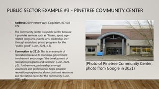 PUBLIC SECTOR EXAMPLE #3 - PINETREE COMMUNITY CENTER
- Address: 260 Pinetree Way, Coquitlam, BC V3B
7Z4
- The community center is a public sector because
it provides services such as “fitness, sport, age-
related programs, events, arts, leadership, etc.”
through subsidized priced programs for the
“public good” (Lunn, 2021, p.3).
- Connection to 2210: This is an example of
recreation because its municipal government
involvement encourages “the development of
recreation programs and facilities” (Lunn, 2021,
p.5). Furthermore, partnership amongst
volunteers and professionals helps establish
recreation programs to allow consistent resources
and recreation needs for the community (Lunn,
2021, p.6).
(Photo of Pinetree Community Center,
photo from Google in 2021)
 