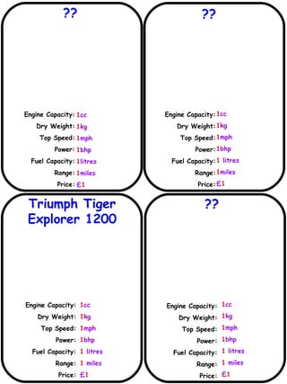 ?? ?? Engine Capacity: Dry Weight: Top Speed: Power: Fuel Capacity: Range: Price: Engine Capacity: Dry Weight: Top Speed: Power: Fuel Capacity: Range: Price: 1 cc 1 kg 1 mph 1 bhp 1  litres 1 miles £ 1 Engine Capacity: Dry Weight: Top Speed: Power: Fuel Capacity: Range: Price: 1 cc 1 kg 1 mph 1 bhp 1  litres 1  miles £ 1 1 cc 1 kg 1 mph 1 bhp 1  litres 1  miles £ 1 Engine Capacity: Dry Weight: Top Speed: Power: Fuel Capacity: Range: Price: 1 cc 1 kg 1 mph 1 bhp 1 litres 1 miles £ 1 ?? Triumph Tiger Explorer 1200 