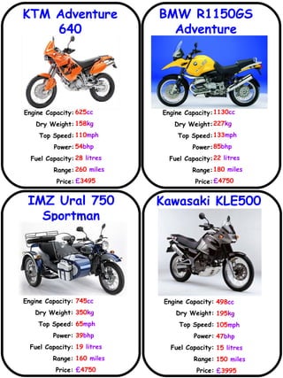 KTM Adventure 640 BMW R1150GS Adventure IMZ Ural 750 Sportman Kawasaki KLE500 Engine Capacity: Dry Weight: Top Speed: Power: Fuel Capacity: Range: Price: 625 cc 158 kg 110 mph 54 bhp 28  litres 260  miles £ 3495   Engine Capacity: Dry Weight: Top Speed: Power: Fuel Capacity: Range: Price: 1130 cc 227 kg 133 mph 85 bhp 22  litres 180  miles £ 4750 Engine Capacity: Dry Weight: Top Speed: Power: Fuel Capacity: Range: Price: 745 cc 350 kg 65 mph 39 bhp 19  litres 160  miles £ 4750 498 cc 195 kg 105 mph 47 bhp 15  litres 150  miles £ 3995 Engine Capacity: Dry Weight: Top Speed: Power: Fuel Capacity: Range: Price: 