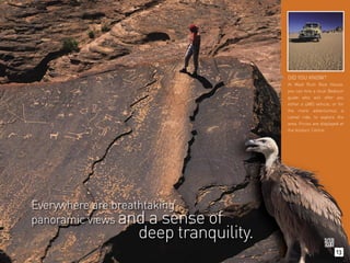 DID YOU KNOW?
                                    At Wadi Rum Rest House,
                                    you can hire a local Bedouin
                                    guide who will offer you
                                    either a 4WD vehicle, or for
                                    the more adventurous a
                                    camel ride, to explore the
                                    area. Prices are displayed at
                                    the Visitors’ Centre.




Everywhere are breathtaking
panoramic views and a sense of
                deep tranquility.
                                                             13
 