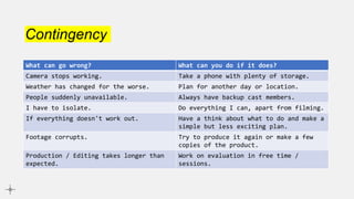 Contingency
What can go wrong? What can you do if it does?
Camera stops working. Take a phone with plenty of storage.
Weather has changed for the worse. Plan for another day or location.
People suddenly unavailable. Always have backup cast members.
I have to isolate. Do everything I can, apart from filming.
If everything doesn't work out. Have a think about what to do and make a
simple but less exciting plan.
Footage corrupts. Try to produce it again or make a few
copies of the product.
Production / Editing takes longer than
expected.
Work on evaluation in free time /
sessions.
 
