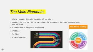 The Main Elements.
• A Hero – usually the main character of the story.
• A Quest – In this part of the narrative, the protagonist is given a problem they
need to solve.
• An unfamiliar or dangerous environment.
• A Villain.
• The Risk.
• A Transformation.
 