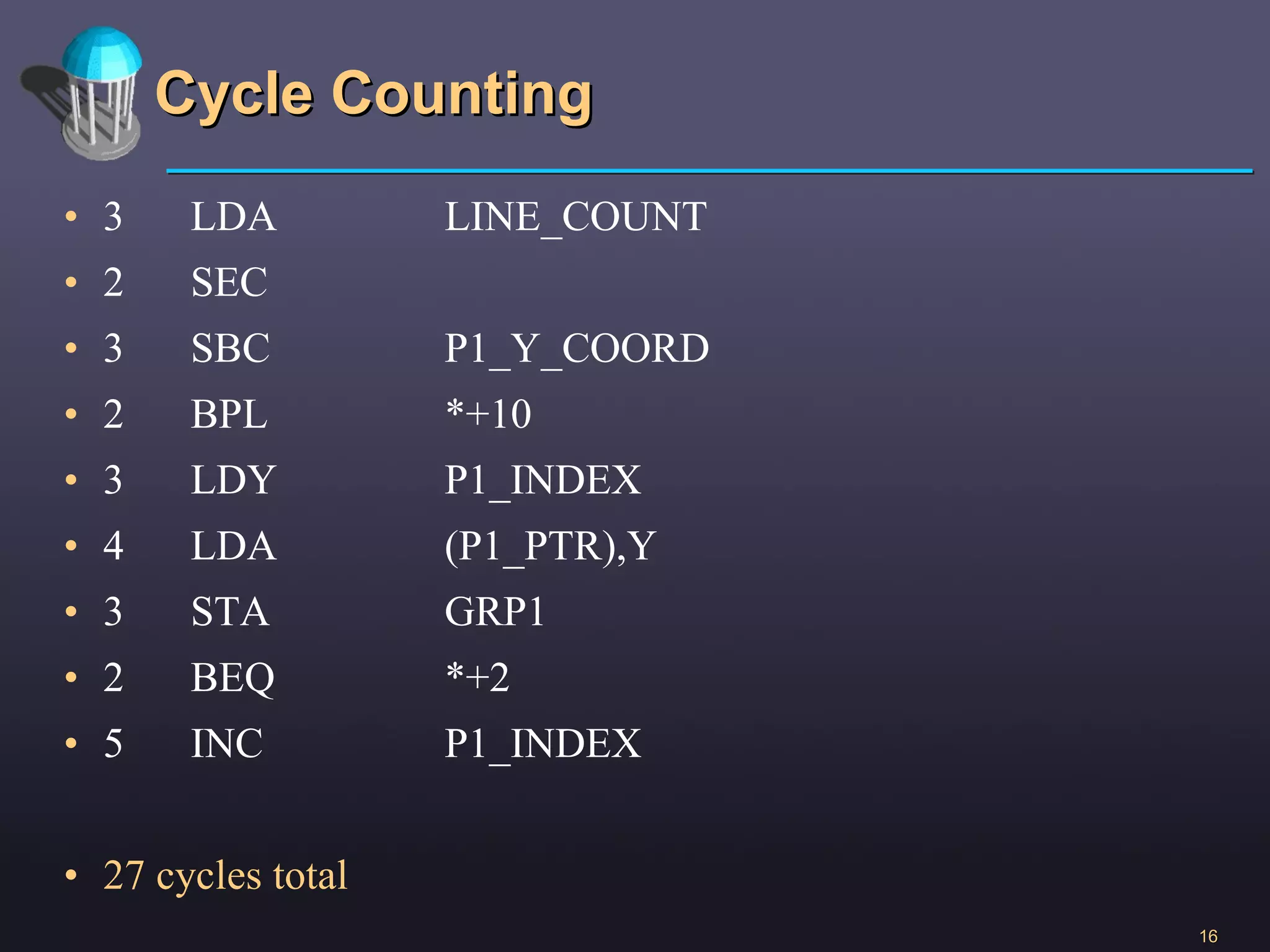 Cycle Counting 3 LDA LINE_COUNT 2 SEC 3 SBC P1_Y_COORD 2 BPL *+10 3 LDY P1_INDEX 4 LDA (P1_PTR),Y 3 STA GRP1 2 BEQ *+2 5 INC P1_INDEX 27 cycles total 