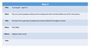 Idea 3
Who A young girl – aged 13
What She can control peoples minds just from looking into them and they follow any of her instructions.
Why She does this to get back at people due to been bullied all throughout school.
When Mid 2000s
Where England, down south
How
 