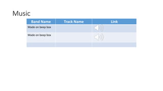 Music
Band Name Track Name Link
Made on beep box
Made on beep box
 