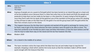 Idea 3
Who A group of hero's
False hero
The helper
What A group of people are on a quest to find gold which has been buried on an island they get on a boat and
arrive but problems occur because there is a false hero who lives on the island and finds the people and
pretends to help them out but really he has been o n the island for 12 years trying to find the gold so
once they find it with him he steals all the gold but one of the members of the group notice him stealing
so they all have to take on the false hero for the gold in he end the group leave with the gold whilst the
false hero remains stuck on the island.
Why This happens because the the false hero is greedy and wanted all the gold to exchange for money once
he finds a way to get of the island whereas the team members want the gold to be able to share. The
false hero pretends to be friendly but plans traps and false information so that the team believe and fall
into his trap to make them stay on the island and him be free however this fails.
When Modern 2020
Where On a island in the middle of no where.
How The team members notice the traps which the false hero has set and makes traps to trap him for
example; dropping a sheet which catches him to be stuck so that the members make it off the island
quick enough with the treasure they find.
 