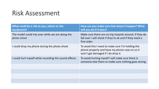 Risk Assessment
What could be a risk to you, others or the
equipment?
How can you make sure that doesn’t happen? What
will you do if it does?
The model could trip over while we are doing the
photo shoot
Make sure there are no trip hazards around. If they do
fall over I will check if they’re ok and if they need a
first-aider.
I could drop my phone during the photo shoot To avoid this I need to make sure I’m holding the
phone properly and have my phone case on so it
won’t get damaged if I do drop it.
I could hurt myself while recording the sound effects. To avoid hurting myself I will make sure there is
someone else there to make sure nothing goes wrong.
 