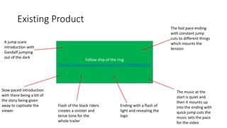 Existing Product
Fellow ship of the ring
https://www.youtube.com/watch?v=V75dMMIW2B4
The fast pace ending
with constant jump
cuts to different things
which mounts the
tension
A jump scare
introduction with
Gandalf jumping
out of the dark
Slow paced introduction
with there being a bit of
the story being given
away to captivate the
viewer
Ending with a flash of
light and revealing the
logo
Flash of the black riders
creates a sinister and
tense tone for the
whole trailer
The music at the
start is quiet and
then it mounts up
into the ending with
quick jump cuts the
music sets the pace
for the video
 