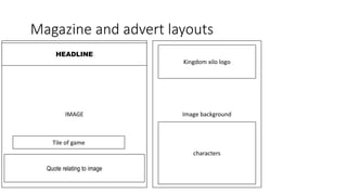IMAGE
Magazine and advert layouts
Quote relating to image
HEADLINE
Tile of game
Image background
Kingdom xilo logo
characters
 
