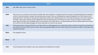 Idea 2
Who Dan, Millie, Will, James, Thomas, Ethan
What They are sent on a mission to move some scientists who were involved in an experiment their transport is attacked leading them having to
survive in the wild trying to transport the scientists who survived. They are all attacked by creatures leading for all of the scientist to die
along with Ethan. They move on towards their destination whilst will is collecting water he is lured into the lake by a siren and is drowned
and eaten. they move onwards and are attacked by a pack of wolfs everyone, but Thomas survives. They then climb a mountain which
James falls off and dies. Dan and Millie make it to the location and realise that it is an abandoned base after this Millie attacks dan forcing
him to kill her, but she badly damaged him which leads dan to so come to his injuries
Why There government is trying to kill them as to silence them on what happened in an experiment which is why the transports was attacked it
was meant to kill them all but some survived. They had implanted Millie and others with chip that if they were to make it to the base, they
would be destroyed
When Post apoplectic future
Where UK
How Tyrannical government trying to cover upon experiment by killing those involved
 