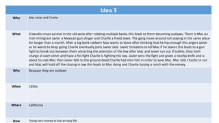 Idea 3
Who Mac Javier and Charlie
What 3 bandits must survive in the old west after robbing multiple banks this leads to them becoming outlaws. There is Mac an
Irish immigrant Javier a Mexican gun slinger and Charlie a freed slave. The gang move around not staying in the same place
for longer than a month. After a big bank robbery Mac wants to leave after thinking that he has enough this angers Javier
as he wants to keep going Charlie eventually joins Javier side. Javier threatens to kill Mac if he leaves this leads to a gun
fight to break out between them attracting the attention of the law after Mac and Javier run out if bullets, they both
charge at each other and have a fist fight Charlie is fighting the law. Javier wins the fight and grabs a nearby knife and is
about to stab Mac then Javier falls to the ground dead Charlie had shot him in order to save Mac. Mac tells Charlie to run
and Mac will hold off the closing in law this leads to Mac dying and Charlie buying a ranch with the money.
Why Because they are outlaws
When 1850s
Where California
How Trying earn money to live an easy life
 