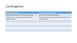 Contingency
What can go wrong? What can you do if it does?
Issues with photoshop - the software crashing Try to recover as much as possible
Weather issues when shooting photos for the
magazine cover.
Shoot the photos indoors if possible, if not go out on a
non-rainy day.
 