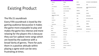 Existing Product
The fifa 21 soundtrack
Every FIFA soundtrack is loved by the
gaming audience because]se it makes
the game more enjoyable to play and
makes the game less intense and more
relaxing for the players this is because
they use fun upbeat none songs which
are loved by the audience with a
broad Varity of genres. There for puts
them in a positive attitude within
playing a agme wich can be very
frustrating at times.
 