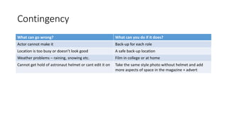 Contingency
What can go wrong? What can you do if it does?
Actor cannot make it Back-up for each role
Location is too busy or doesn’t look good A safe back-up location
Weather problems – raining, snowing etc. Film in college or at home
Cannot get hold of astronaut helmet or cant edit it on Take the same style photo without helmet and add
more aspects of space in the magazine + advert
 