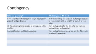 Contingency
What can go wrong? What can you do if it does?
If you save the work in one place only it may not save
properly and get deleted.
Back your work up and save it in multiple places such
as your memory stick or email it to yourself or your
tutor.
All the actors might not be able to turn up and act in
the film.
Have backup actors for the film who you trust and
know will turn up if need be.
Intended location could be inaccessible. Have backup locations where you can film if the main
location is inaccessible.
 