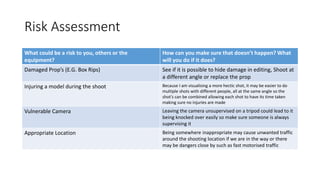 Risk Assessment
What could be a risk to you, others or the
equipment?
How can you make sure that doesn’t happen? What
will you do if it does?
Damaged Prop’s (E.G. Box Rips) See if it is possible to hide damage in editing, Shoot at
a different angle or replace the prop
Injuring a model during the shoot Because I am visualising a more hectic shot, it may be easier to do
multiple shots with different people, all at the same angle so the
shot’s can be combined allowing each shot to have its time taken
making sure no injuries are made
Vulnerable Camera Leaving the camera unsupervised on a tripod could lead to it
being knocked over easily so make sure someone is always
supervising it
Appropriate Location Being somewhere inappropriate may cause unwanted traffic
around the shooting location if we are in the way or there
may be dangers close by such as fast motorised traffic
 