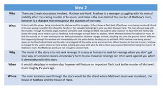 Idea 2
Who There are 2 main characters involved. Mathew and Hank. Mathew is a teenager struggling with his mental
stability after the scaring murder of his mum, and Hank is the man behind the murder of Mathew’s mum,
however is a changed man throughout the duration of the story.
What It starts with the viewer being introduced to Mathew and his struggles. It then shows a flash back of Mathews mum being murdered Infront
of his own young eyes after she refused to hand over her valuable belongings to who you later discover Hank. The man who got way with
the murder. Through his intense anger, Mathew started to seek revenge on Hank. He used his clear vision of his face from the memory to
locate him using social medias such as Facebook. And manages to track down his address. When Mathew reaches the address of Hank, he
find him outside on his own washing the car. Without hesitation, Mathew charges at Hank, attacking him onto the ground. Hank’s wife sees
this happening through the window and immediately calls the police before heading out to aid Hank. With Mathew now being pinned
down on the floor by both Hank and his wife, he is trapped till the police arrive and arrest him. When it comes to the trial in court, Mathew
is charged for the violent attack on Hank where as Hank gets away with what he did as there was no proof behind him being the murder of
Mathew’s mum. And Mathews words are not enough to convict Hank.
Why The moral of the story is to not seek revenge. It is easy as humans to seek for revenge when you don’t get
your way, or someone causes unnecessary harm to you. However revenge can often work against you which
is demonstrated in this story.
When It would take place in modern day, however will feature an important flash back to the murder of Mathew’s
mum roughly 15 years ago.
Where The main locations used through the story would be the street where Mathew’s mum was murdered, the
house of Mathew and the house of Hank.
 