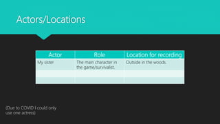 Actors/Locations
Actor Role Location for recording
My sister The main character in
the game/survivalist.
Outside in the woods.
(Due to COVID I could only
use one actress)
 