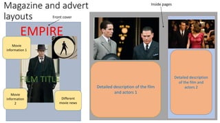 Magazine and advert
layouts
EMPIRE
FILM TITLE
Movie
information 1
Movie
information
2
Different
movie news
Detailed description of the film
and actors 1
Detailed description
of the film and
actors 2
Front cover
Inside pages
 