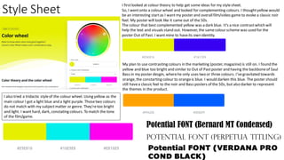 Style Sheet
I firstlooked at colour theory to help get some ideas for my stylesheet.
So, I wentonto a colour wheel and looked for complementing colours. I thoughtyellow would
be an interesting startas I wantmy poster and overallfilm/video game to evoke a classic noir
feel. My poster will look like it came out of the 50s.
The colour that best complemented yellow was a dark blue. It's a nice contrastwhich will
help the text and visuals stand out. However, the samecolour scheme was used for the
poster Out of Past. I wantmine to haveits own identity.
I also tried a tridactic styleof the colour wheel. Using yellow as the
main colour I got a light blue and a light purple. Thosetwo colours
do not match with my subjectmatter or genre. They'retoo bright
and light. I wanthard, dark, constating colours. To match the tone
of the film/game.
Potential FONT (Bernard MT Condensed)
Potential FONT (Perpetua titling)
Potential FONT (VERDANA PRO
COND BLACK)
My plan to use contrasting colours in the marketing (poster, magazine) is still on. I found the
yellow and blue too bright and similar to Out of Pastposter and having the backboneof Saul
Bass in my poster desgin, wherehe only uses two or three colours. I'vegravitated towards
orange, the constarting colour to orangeis blue. I would darken this blue. The poster should
still havea classic feel to the noir and Bass posters of the 50s, but also darker to represent
the themes in the product.
 