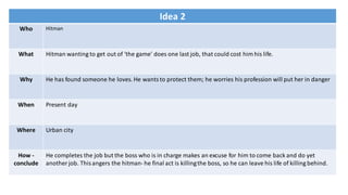 Idea 2
Who Hitman
What Hitman wanting to get out of 'the game' does one last job, that could cost him his life.
Why He has found someone he loves. He wantsto protect them; he worries his profession will put her in danger
When Present day
Where Urban city
How -
conclude
He completes the job but the boss who is in charge makes an excuse for him to come back and do yet
another job. This angers the hitman- he final act is killingthe boss, so he can leave his life of killing behind.
 