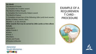 My World
The World of Friends
1. Complete the Creation award.
The World of Other People
1. Complete the Community Helpers award.
The World of Nature
1. Complete at least two of the following Little Lamb level awards:
Bodies of Water, Insects, Stars,
Weather 1, or Zoo Animals.
Other awards that may be earned by Little Lambs as time allows
include:
•Alphabet 1
•Bible Friends 1
•Colors
•Music 1
•Numbers
•Trains and Trucks
•Tricycles & Bicycles
EXAMPLE OF A
REQUIREMEN
T CARD -
PROCEDURE
 