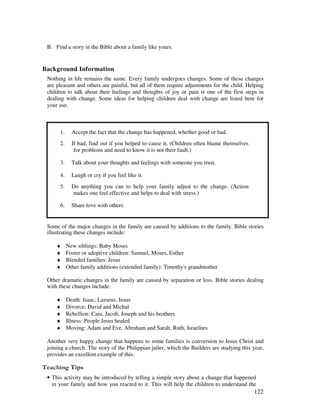 122
B. Find a story in the Bible about a family like yours.
Background Information
Nothing in life remains the same. Every family undergoes changes. Some of these changes
are pleasant and others are painful, but all of them require adjustments for the child. Helping
children to talk about their feelings and thoughts of joy or pain is one of the first steps in
dealing with change. Some ideas for helping children deal with change are listed here for
your use.
1. Accept the fact that the change has happened, whether good or bad.
2. If bad, find out if you helped to cause it. (Children often blame themselves
for problems and need to know it is not their fault.)
3. Talk about your thoughts and feelings with someone you trust.
4. Laugh or cry if you feel like it.
5. Do anything you can to help your family adjust to the change. (Action
makes one feel effective and helps to deal with stress.)
6. Share love with others.
Some of the major changes in the family are caused by additions to the family. Bible stories
illustrating these changes include:
♦ New siblings: Baby Moses
♦ Foster or adoptive children: Samuel, Moses, Esther
♦ Blended families: Jesus
♦ Other family additions (extended family): Timothy's grandmother
Other dramatic changes in the family are caused by separation or loss. Bible stories dealing
with these changes include:
♦ Death: Isaac, Lazarus, Jesus
♦ Divorce: David and Michal
♦ Rebellion: Cain, Jacob, Joseph and his brothers
♦ Illness: People Jesus healed
♦ Moving: Adam and Eve, Abraham and Sarah, Ruth, Israelites
Another very happy change that happens to some families is conversion to Jesus Christ and
joining a church. The story of the Philippian jailer, which the Builders are studying this year,
provides an excellent example of this.
' ,
• This activity may be introduced by telling a simple story about a change that happened
in your family and how you reacted to it. This will help the children to understand the
 