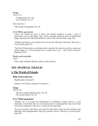 132
0 ,
Sing for Joy
"A Happy Home" No. 136
"Love at Home" No. 137
Kids Sing Praise
"This Is My Commandment" No. 29
% / '
"Those who cherish the spirit of Christ will manifest politeness at home, a spirit of
benevolence even in little things. They will be constantly seeking to make all around them
happy, forgetting self in their kind attention to others" (The Adventist Home, page 423).
"Children and youth, in your earliest years you may be a blessing in the home" (Messages to
Young People, page 333).
"The life of Christ teaches you, children, that it should be the study of your life to make your
parents happy. It is your privilege to be a comfort and a joy...." (The Youth's Instructor,
September 1873).
& + ' ' '
Adults
Faber, Adele and Elaine Mazlish. Siblings Without Rivalry
- 1 / $ 4
I. The World of Friends
Bible stories and texts
Mephibosheth (2 Samuel 9)
Galatians 3:28 "There is neither Jew nor Greek ..."
Songs
Sing for Joy
"We Grow in Many Different Ways" No. 58
"We Are the Church" No. 141
E. G. White quotations
"Students are to be taught the Christlikeness of exhibiting a kindly interest, a social
disposition, toward those who are in the greatest need, even though these may not be their
own chosen companions" (Messages to Young People, page 406).
"In your association with others, put yourself in their place. Enter into their feelings, their
difficulties, their disappointments, their joys, and their sorrows" (Messages to Young People,
page 420).
 