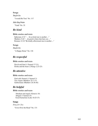 163
0 ,
SingforJoy
"I would Be True" No. 117
"Truth" No. 35
Be kind
& ' 2
Ephesians 4:32 ". . . be ye kind one to another ..."
Matthew 5:44 "... do good to them that hate you ..."
Romans 12:10 "Be kindly affectioned one to another ..."
0 ,
SingforJoy
"A Happy Home" No. 136
Be respectful
& ' 2
David and Saul (1 Samuel 17-31)
Elisha and the bears (2 Kings 2:23-25)
Be attentive
& ' 2
God calls Samuel (1 Samuel 3)
Ten virgins (Matthew 25:1-13)
Gethsemane (Matthew 26:36-46)
Be helpful
& ' 2
Abraham and angels (Genesis 18)
Abigail (1 Samuel 25)
Good Samaritan (Luke 10:25-37)
Songs
Sing for Joy
"Cross Over the Road" No. 131
 