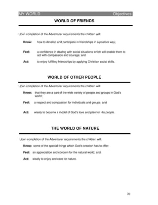 20
WORLD OF FRIENDS
Upon completion of the Adventurer requirements the children will:
Know: how to develop and participate in friendships in a positive way;
Feel: a confidence in dealing with social situations which will enable them to
act with compassion and courage; and
Act: to enjoy fulfilling friendships by applying Christian social skills.
WORLD OF OTHER PEOPLE
Upon completion of the Adventurer requirements the children will:
Know: that they are a part of the wide variety of people and groups in God's
world;
Feel: a respect and compassion for individuals and groups; and
Act: wisely to become a model of God's love and plan for His people.
THE WORLD OF NATURE
Upon completion of the Adventurer requirements the children will:
Know: some of the special things which God's creation has to offer;
Feel: an appreciation and concern for the natural world; and
Act: wisely to enjoy and care for nature.
MY WORLD Objectives
 