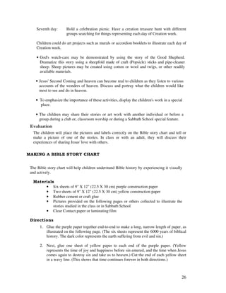 26
Seventh day: Hold a celebration picnic. Have a creation treasure hunt with different
groups searching for things representing each day of Creation week.
Children could do art projects such as murals or accordion booklets to illustrate each day of
Creation week.
• God's watch-care may be demonstrated by using the story of the Good Shepherd.
Dramatize this story using a sheepfold made of craft (Popsicle) sticks and pipe-cleaner
sheep. Sheep pictures may be created using cotton or wool and twigs, or other readily
available materials.
• Jesus' Second Coming and heaven can become real to children as they listen to various
accounts of the wonders of heaven. Discuss and portray what the children would like
most to see and do in heaven.
• To emphasize the importance of these activities, display the children's work in a special
place.
• The children may share their stories or art work with another individual or before a
group during a club or, classroom worship or during a Sabbath School special feature.
' '
The children place the pictures and labels correctly on the Bible story chart and tell or
make a picture of one of the stories. In class or with an adult, they will discuss their
experiences of sharing Jesus' love with others.
The Bible story chart will help children understand Bible history by experiencing it visually
and actively.
• Six sheets of 9" X 12" (22.5 X 30 cm) purple construction paper
• Two sheets of 9" X 12" (22.5 X 30 cm) yellow construction paper
• Rubber cement or craft glue
• Pictures provided on the following pages or others collected to illustrate the
stories studied in the class or in Sabbath School
• Clear Contact paper or laminating film
1. Glue the purple paper together end-to-end to make a long, narrow length of paper, as
illustrated on the following page. (The six sheets represent the 6000 years of biblical
history. The dark color represents the earth suffering from evil and sin.)
2. Next, glue one sheet of yellow paper to each end of the purple paper. (Yellow
represents the time of joy and happiness before sin entered, and the time when Jesus
comes again to destroy sin and take us to heaven.) Cut the end of each yellow sheet
in a wavy line. (This shows that time continues forever in both directions.)
 