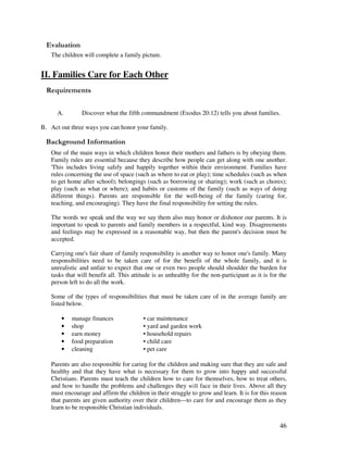 46
' '
The children will complete a family picture.
II. Families Care for Each Other
A. Discover what the fifth commandment (Exodus 20:12) tells you about families.
B. Act out three ways you can honor your family.
&' +, '
One of the main ways in which children honor their mothers and fathers is by obeying them.
Family rules are essential because they describe how people can get along with one another.
'This includes living safely and happily together within their environment. Families have
rules concerning the use of space (such as where to eat or play); time schedules (such as when
to get home after school); belongings (such as borrowing or sharing); work (such as chores);
play (such as what or where); and habits or customs of the family (such as ways of doing
different things). Parents are responsible for the well-being of the family (caring for,
teaching, and encouraging). They have the final responsibility for setting the rules.
The words we speak and the way we say them also may honor or dishonor our parents. It is
important to speak to parents and family members in a respectful, kind way. Disagreements
and feelings may be expressed in a reasonable way, but then the parent's decision must be
accepted.
Carrying one's fair share of family responsibility is another way to honor one's family. Many
responsibilities need to be taken care of for the benefit of the whole family, and it is
unrealistic and unfair to expect that one or even two people should shoulder the burden for
tasks that will benefit all. This attitude is as unhealthy for the non-participant as it is for the
person left to do all the work.
Some of the types of responsibilities that must be taken care of in the average family are
listed below.
• manage finances • car maintenance
• shop • yard and garden work
• earn money • household repairs
• food preparation • child care
• cleaning • pet care
Parents are also responsible for caring for the children and making sure that they are safe and
healthy and that they have what is necessary for them to grow into happy and successful
Christians. Parents must teach the children how to care for themselves, how to treat others,
and how to handle the problems and challenges they will face in their lives. Above all they
must encourage and affirm the children in their struggle to grow and learn. It is for this reason
that parents are given authority over their children—to care for and encourage them as they
learn to be responsible Christian individuals.
 