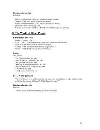 64
& + ' ' '
Children
Bible in Living Sound: David and Jonathan (Chapel Records)
Groomer, Vera. Kind Kristy (Review and Herald)
Kotrba, Dannella Groomer. God's Helper (Review and Herald)
Silverstein, Shel. The Giving Tree
Wilt, Joy. Needing Each Other, A Kid's Guide to Making Friends (Word)
II. The World of Other People
Bible stories and texts
Samuel (1 Samuel 1-3)
Psalm 73:16, 17 "It was too painful for me until I went into the sanctuary."
Isaiah 56:7 "My house shall be a house of prayer ..."
Matthew 18:19, 20 "Where two or three are gathered ..."
Hebrews 10:25 "Not forsaking the assembling ..."
Songs
Sing for Joy
"The Family of God" No. 139
"Blest Be the Tie That Binds" No. 140
"We Are the Church" No. 141
"What Joy It Is to Worship Here" No. 142
"We Are the Church, Everyone" No. 143
"I Was Glad" No. 144
"This Is God's House" No. 145
E. G. White quotation
"The Lord desires us to understand that we must place our children in right relation to the
world, the church, and the family" page 99).
Books and materials
Children
Davis, Susan. I (Review and Herald)
 