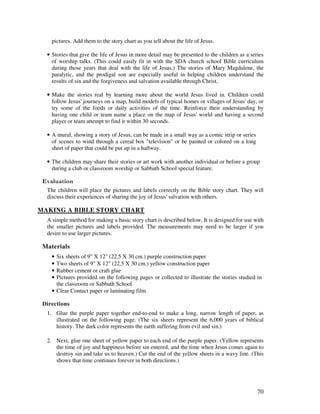 70
pictures. Add them to the story chart as you tell about the life of Jesus.
• Stories that give the life of Jesus in more detail may be presented to the children as a series
of worship talks. (This could easily fit in with the SDA church school Bible curriculum
during those years that deal with the life of Jesus.) The stories of Mary Magdalene, the
paralytic, and the prodigal son are especially useful in helping children understand the
results of sin and the forgiveness and salvation available through Christ.
• Make the stories real by learning more about the world Jesus lived in. Children could
follow Jesus' journeys on a map, build models of typical homes or villages of Jesus' day, or
try some of the foods or daily activities of the time. Reinforce their understanding by
having one child or team name a place on the map of Jesus' world and having a second
player or team attempt to find it within 30 seconds.
• A mural, showing a story of Jesus, can be made in a small way as a comic strip or series
of scenes to wind through a cereal box "television" or be painted or colored on a long
sheet of paper that could be put up in a hallway.
• The children may share their stories or art work with another individual or before a group
during a club or classroom worship or Sabbath School special feature.
' '
The children will place the pictures and labels correctly on the Bible story chart. They will
discuss their experiences of sharing the joy of Jesus' salvation with others.
MAKING A BIBLE STORY CHART
A simple method for making a basic story chart is described below. It is designed for use with
the smaller pictures and labels provided. The measurements may need to be larger if you
desire to use larger pictures.
Materials
• Six sheets of 9" X 12" (22.5 X 30 cm.) purple construction paper
• Two sheets of 9" X 12" (22.5 X 30 cm.) yellow construction paper
• Rubber cement or craft glue
• Pictures provided on the following pages or collected to illustrate the stories studied in
the classroom or Sabbath School
• Clear Contact paper or laminating film
Directions
1. Glue the purple paper together end-to-end to make a long, narrow length of paper, as
illustrated on the following page. (The six sheets represent the 6,000 years of biblical
history. The dark color represents the earth suffering from evil and sin.)
2. Next, glue one sheet of yellow paper to each end of the purple paper. (Yellow represents
the time of joy and happiness before sin entered, and the time when Jesus comes again to
destroy sin and take us to heaven.) Cut the end of the yellow sheets in a wavy line. (This
shows that time continues forever in both directions.)
 