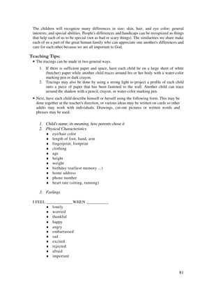 81
The children will recognize many differences in size; skin, hair, and eye color; general
interests; and special abilities. People's differences and handicaps can be recognized as things
that help each of us to be special (not as bad or scary things). The similarities we share make
each of us a part of the great human family who can appreciate one another's differences and
care for each other because we are all important to God.
' , 5
• The tracings can be made in two general ways.
1. If there is sufficient paper and space, have each child lie on a large sheet of white
(butcher) paper while another child traces around his or her body with a water-color
marking pen or dark crayon.
2. Tracings may also be done by using a strong light to project a profile of each child
onto a piece of paper that has been fastened to the wall. Another child can trace
around the shadow with a pencil, crayon, or water-color marking pen.
• Next, have each child describe himself or herself using the following form. This may be
done together at the teacher's direction, or various ideas may be written on cards so other
adults may work with individuals. Drawings, cut-out pictures or written words and
phrases may be used.
1. Child's name, its meaning, how parents chose it
2. Physical Characteristics
♦ eye/hair color
♦ length of foot, hand, arm
♦ fingerprint, footprint
♦ clothing
♦ age
♦ height
♦ weight
♦ birthday (earliest memory ...)
♦ home address
♦ phone number
♦ heart rate (sitting, running)
3. Feelings
I FEEL _____________WHEN ___________
♦ lonely
♦ worried
♦ thankful
♦ happy
♦ angry
♦ embarrassed
♦ sad
♦ excited
♦ rejected
♦ afraid
♦ important
 