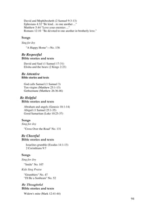 94
David and Mephibosheth (2 Samuel 9:3-13)
Ephesians 4:32 "Be kind…to one another ..."
Matthew 5:44 "Love your enemies ..."
Romans 12:10 "Be devoted to one another in brotherly love."
0 ,
Sing for Joy
"A Happy Home"—No. 136
Be Respectful
& ' 2
David and Saul (1 Samuel 17-31)
Elisha and the bears (2 Kings 2:23)
Be Attentive
Bible stories and texts
God calls Samuel (1 Samuel 3)
Ten virgins (Matthew 25:1-13)
Gethsemane (Matthew 26:36-46)
Be Helpful
& ' 2
Abraham and angels (Genesis 18:1-14)
Abigail (1 Samuel 25:1-35)
Good Samaritan (Luke 10:25-37)
0 ,
Sing for Joy
"Cross Over the Road" No. 131
Be Cheerful
& ' 2
Israelites grumble (Exodus 14:1-13)
2 Corinthians 9:7
0 ,
Sing for Joy
"Smile" No. 107
Kids Sing Praise
"Grumblers" No. 47
"I'll Be a Sunbeam" No. 52
& ,
& ' 2
Widow's mite (Mark 12:41-44)
 