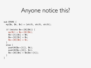 sub STORE {
my($s, $k, $v) = (shift, shift, shift);
if (exists $s->[0]{$k}) {
my($i) = $s->[0]{$k};
$s->[1][$i] = $k;
$s->[2][$i] = $v;
$s->[0]{$k} = $i;
}
else {
push(@{$s->[1]}, $k);
push(@{$s->[2]}, $v);
$s->[0]{$k} = $#{$s->[1]};
}
}
Anyone notice this?
 