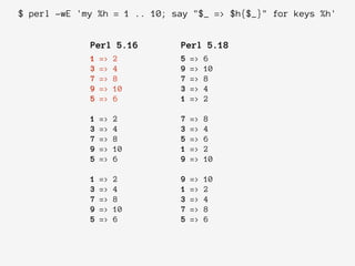 Perl 5.16 Perl 5.18
1 => 2
3 => 4
7 => 8
9 => 10
5 => 6
!
1 => 2
3 => 4
7 => 8
9 => 10
5 => 6
!
1 => 2
3 => 4
7 => 8
9 => 10
5 => 6
5 => 6
9 => 10
7 => 8
3 => 4
1 => 2
!
7 => 8
3 => 4
5 => 6
1 => 2
9 => 10
!
9 => 10
1 => 2
3 => 4
7 => 8
5 => 6
$ perl -wE 'my %h = 1 .. 10; say "$_ => $h{$_}" for keys %h'
 