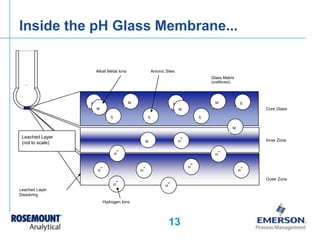 Inside the pH Glass Membrane...

                      Alkali Metal Ions                Anionic Sites
                                                                                     Glass Matrix
                                                                                     (unaffected)




                  M                       M                        M                   M                S
                      M                                                M                                     Core Glass

                               S                   S                             S

                                                                                                    M

 Leached Layer                                                          +
                                                   M                   H                                     Inner Zone
 (not to scale)
                                    +                                                   +
                                   H                                                   H

                                                                             +
                        +                      +                            H                            +
                       H                      H                                                         H

                                                                                                             Outer Zone
                                    +                          +
                                   H                          H
Leached Layer
Dissolving
                            Hydrogen Ions




                                                                13
 