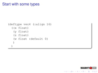 Start with some types




   (deftype vec4 (:align 16)
     ((x float)
      (y float)
      (z float)
      (w float :default 0)
      )
     )
 