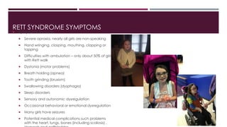 RETT SYNDROME SYMPTOMS 
 Symptoms include: 
 Severe apraxia, nearly all girls are non-speaking 
 Hand wringing, clasping, mouthing, clapping or 
tapping 
 Difficulties with ambulation – only about 50% of girls 
with Rett walk 
 Dystonia (motor problems) 
 Breath holding (apnea) 
 Tooth grinding (bruxism) 
 Swallowing disorders (dysphagia) 
 Sleep disorders 
 Sensory and autonomic dysregulation 
 Occasional behavioral or emotional dysregulation 
 Many girls have seizures 
 Potential medical complications such problems 
with the heart, lungs, bones (including scoliosis) , 
stomach and gallbladder 
 