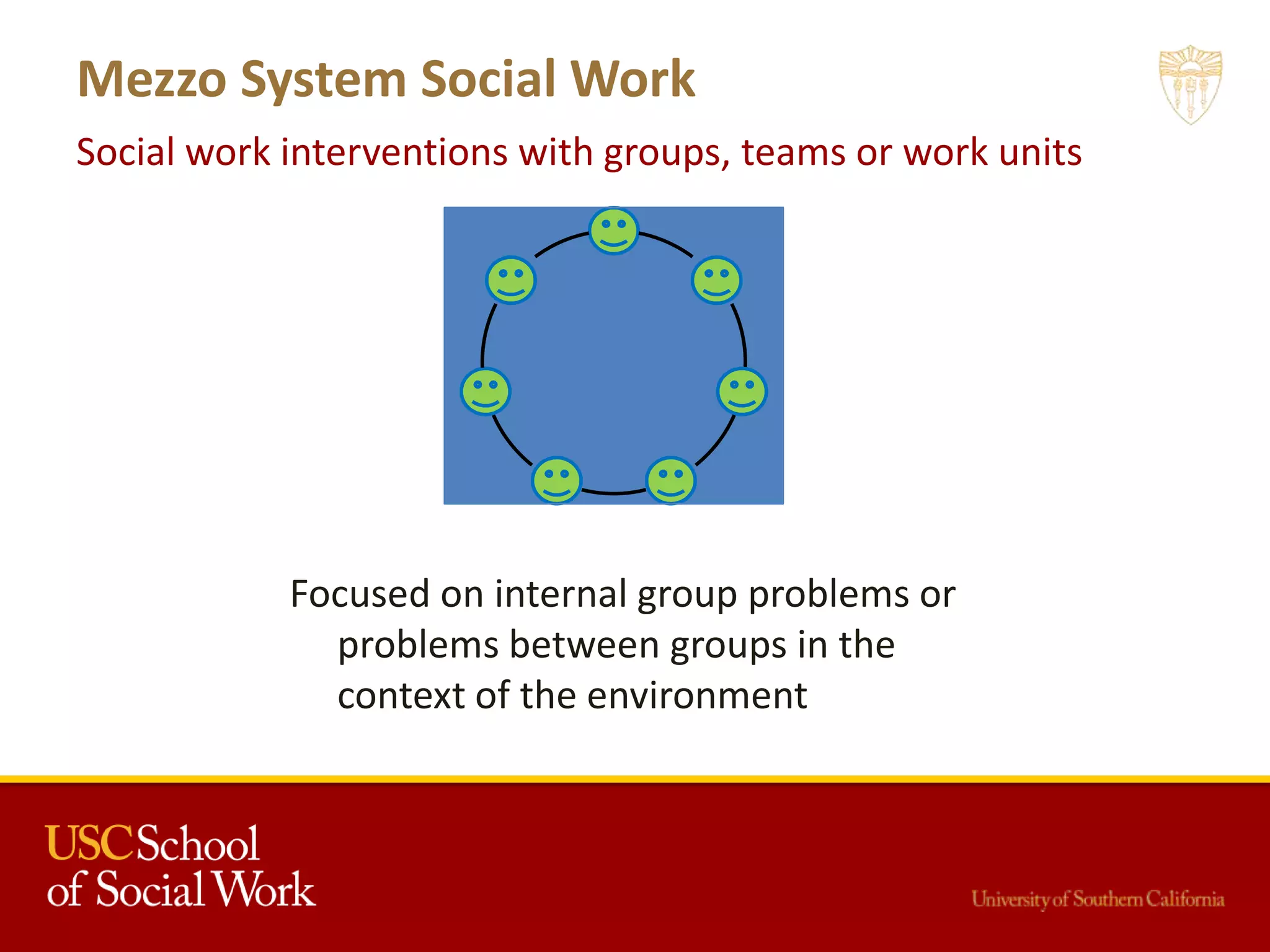 Mezzo System Social Work
Social work interventions with groups, teams or work units
Focused on internal group problems or
problems between groups in the
context of the environment
 