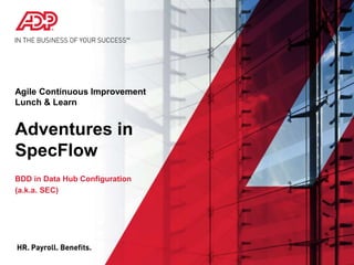 Agile Continuous Improvement
Lunch & Learn
Adventures in
SpecFlow
BDD in Data Hub Configuration
(a.k.a. SEC)
 