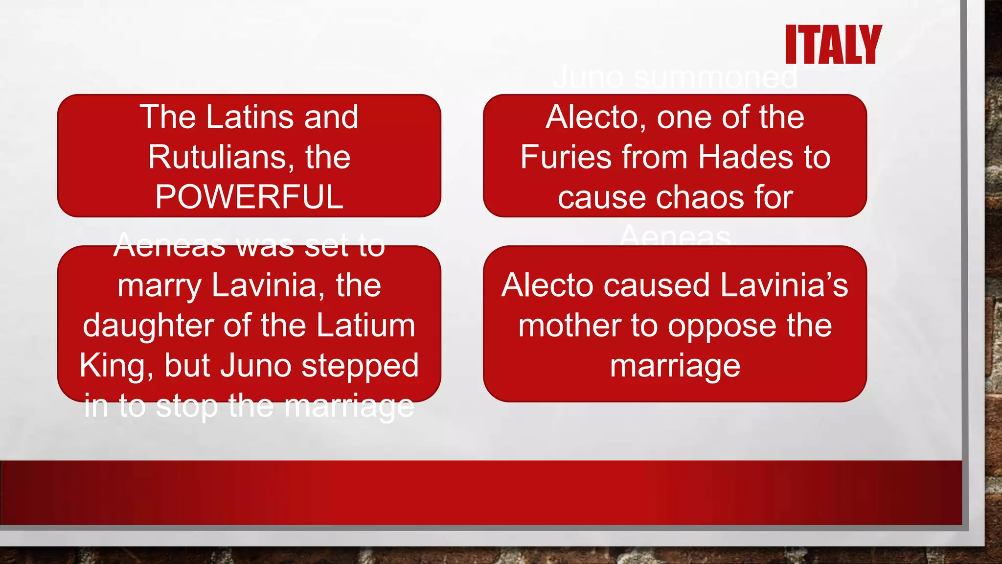 ITALY
Juno summoned
The Latins and
Rutulians, the
POWERFUL
Aeneas was set to
marry Lavinia, the
daughter of the Latium
King, but Juno stepped
in to stop the marriage

Alecto, one of the
Furies from Hades to
cause chaos for
Aeneas
Alecto caused Lavinia’s
mother to oppose the
marriage

 