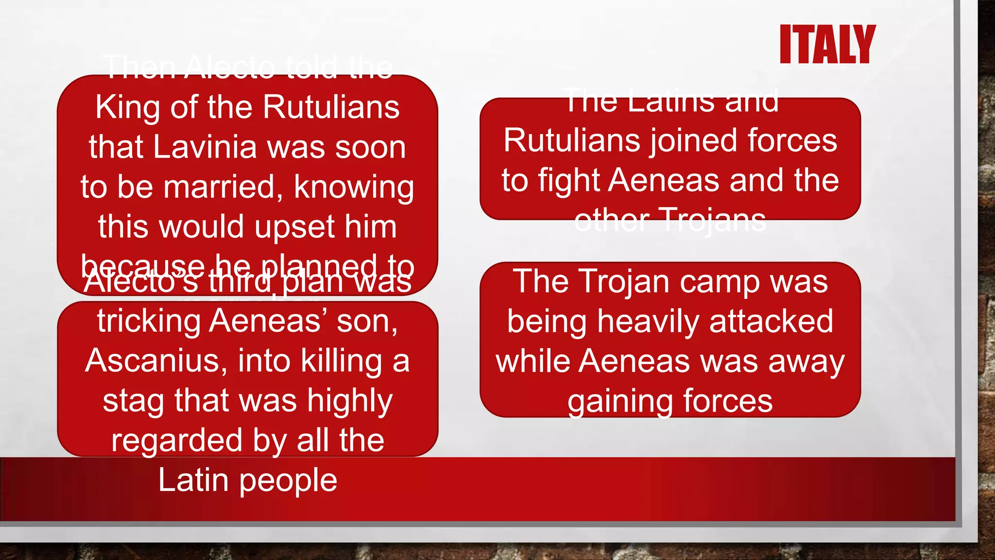 Then Alecto told the
King of the Rutulians
that Lavinia was soon
to be married, knowing
this would upset him
because third plan was
he planned to
Alecto’s
marry her
tricking Aeneas’ son,
Ascanius, into killing a
stag that was highly
regarded by all the
Latin people

ITALY
The Latins and
Rutulians joined forces
to fight Aeneas and the
other Trojans
The Trojan camp was
being heavily attacked
while Aeneas was away
gaining forces

 