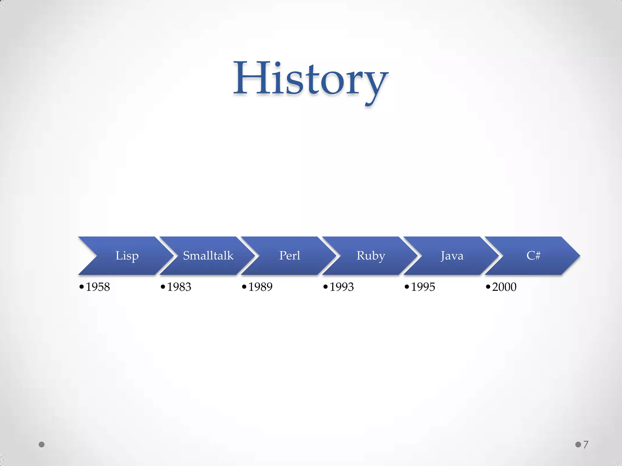 History


        Lisp      Smalltalk           Perl           Ruby           Java           C#

•1958          •1983          •1989          •1993          •1995          •2000




                                                                                        7
 