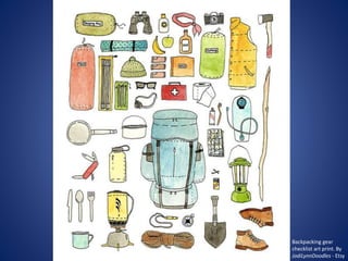 Backpacking gear
checklist art print. By
JodiLynnDoodles - Etsy
 