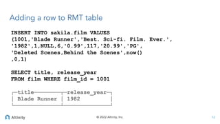 © 2022 Altinity, Inc.
INSERT INTO sakila.film VALUES
(1001,'Blade Runner','Best. Sci-fi. Film. Ever.',
'1982',1,NULL,6,'0.99',117,'20.99','PG',
'Deleted Scenes,Behind the Scenes',now()
,0,1)
SELECT title, release_year
FROM film WHERE film_id = 1001
┌─title────────┬─release_year─┐
│ Blade Runner │ 1982 │
└──────────────┴──────────────┘
Adding a row to RMT table
12
 