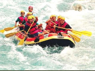 Rafting or white water rafting is a challenging
recreational outdoor activity using an inflatable
raft to navigate a river or other bodies of water.
This is usually done on white water or different
degrees of rough water, in order to thrill and
excite the raft passengers. The development of
this activity as a leisure sport has become
popular since the mid-1970s. It is considered an
extreme sport, as it can be dangerous
 